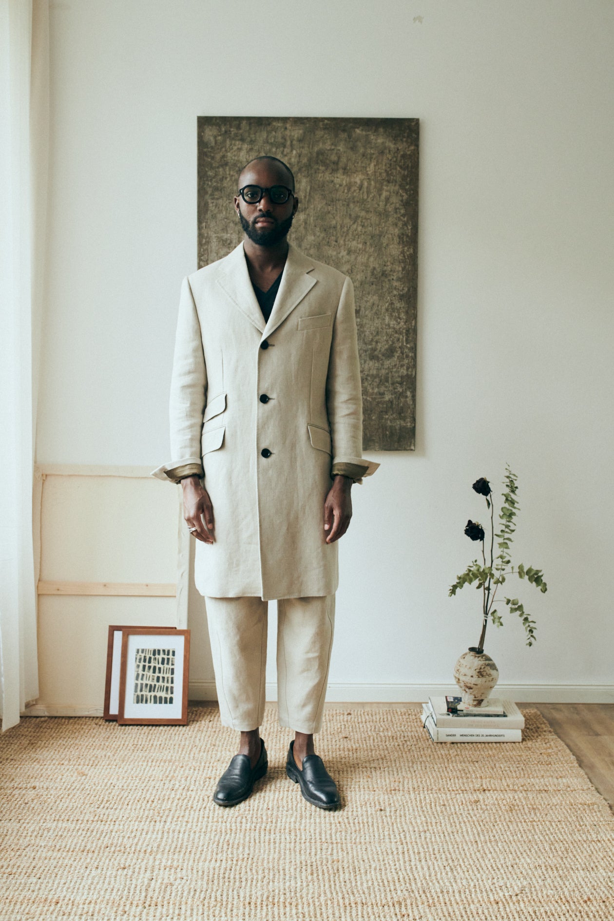 b. linen long blazer notch lapel