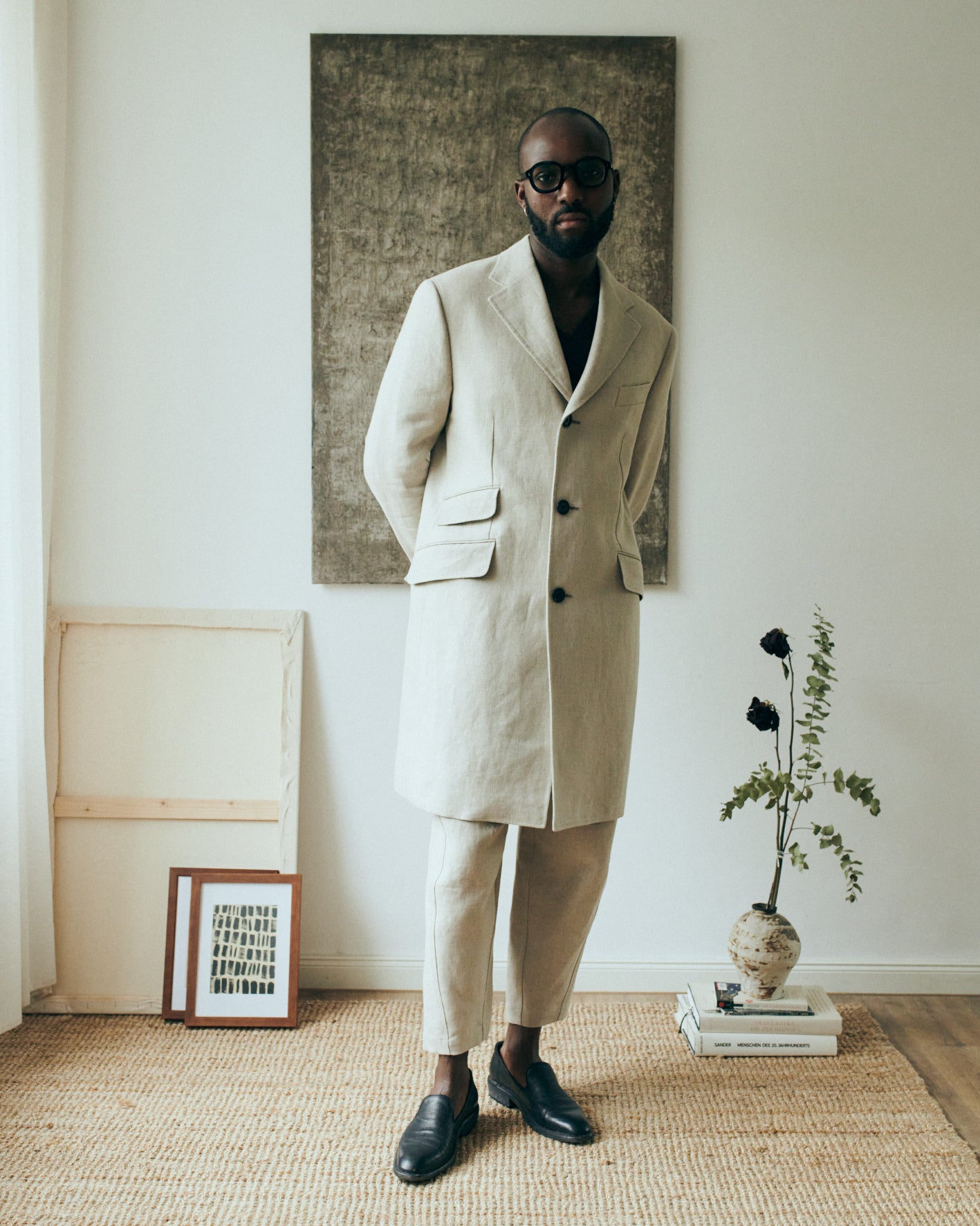 b. linen long blazer notch lapel