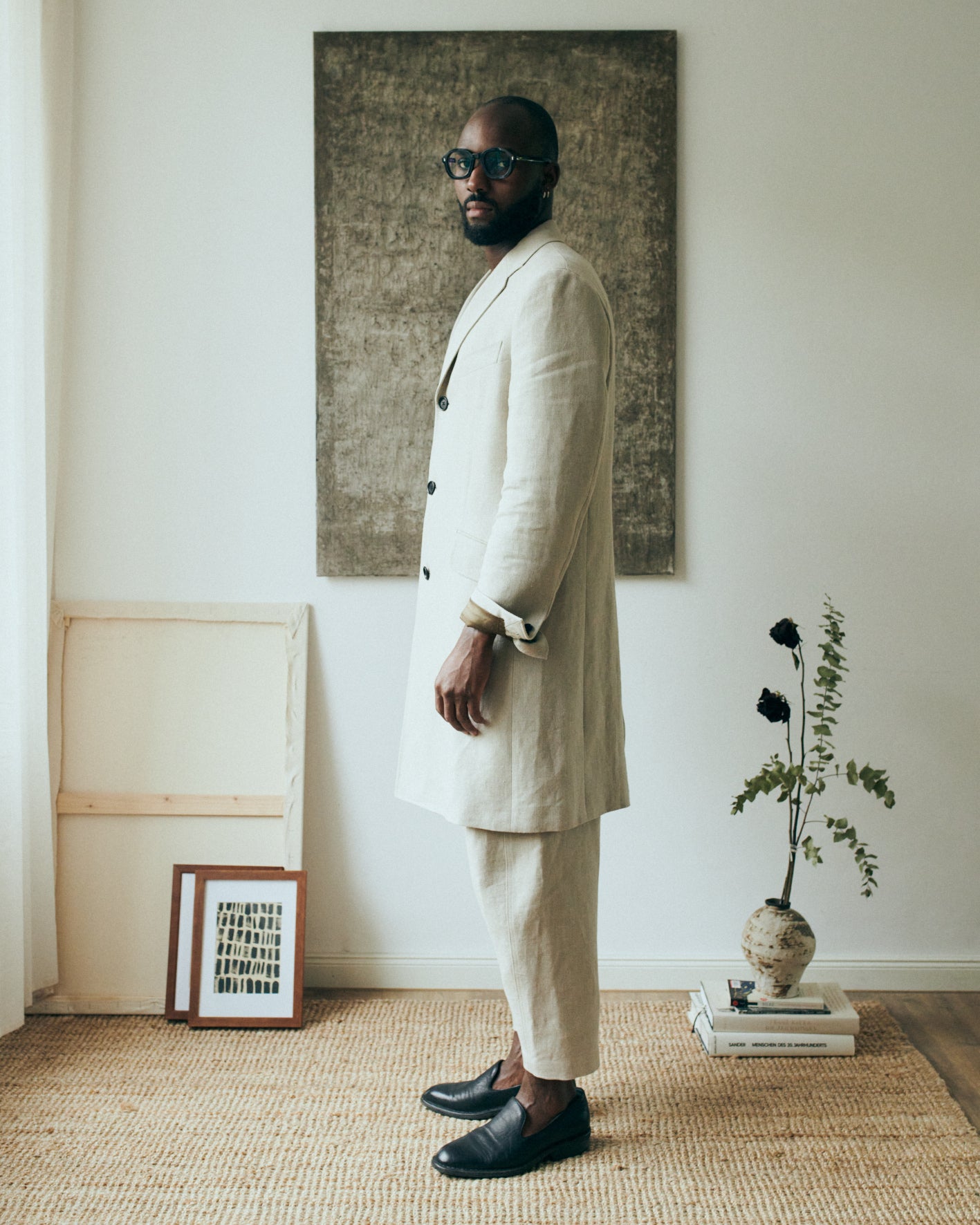 b. linen long blazer notch lapel